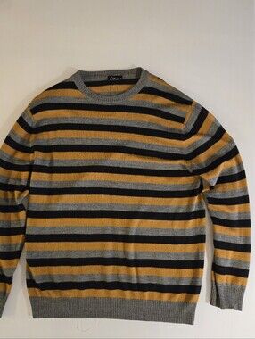 KR3W Mens Striped Knit Skate Sweater Grey Black Orange Large Pullover Crew Neck
